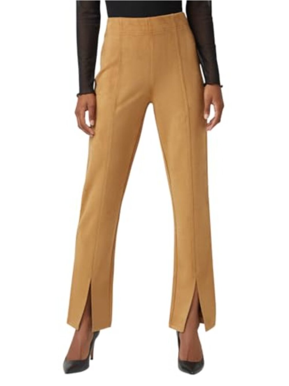 High Rise Vegan Suede Straight Leg Leggings Pull On Full Length Split Front